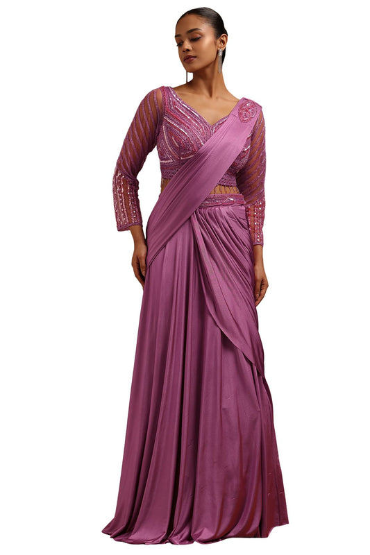 Soch Womens Onion Pink Spandex Solid Ready To Wear Saree