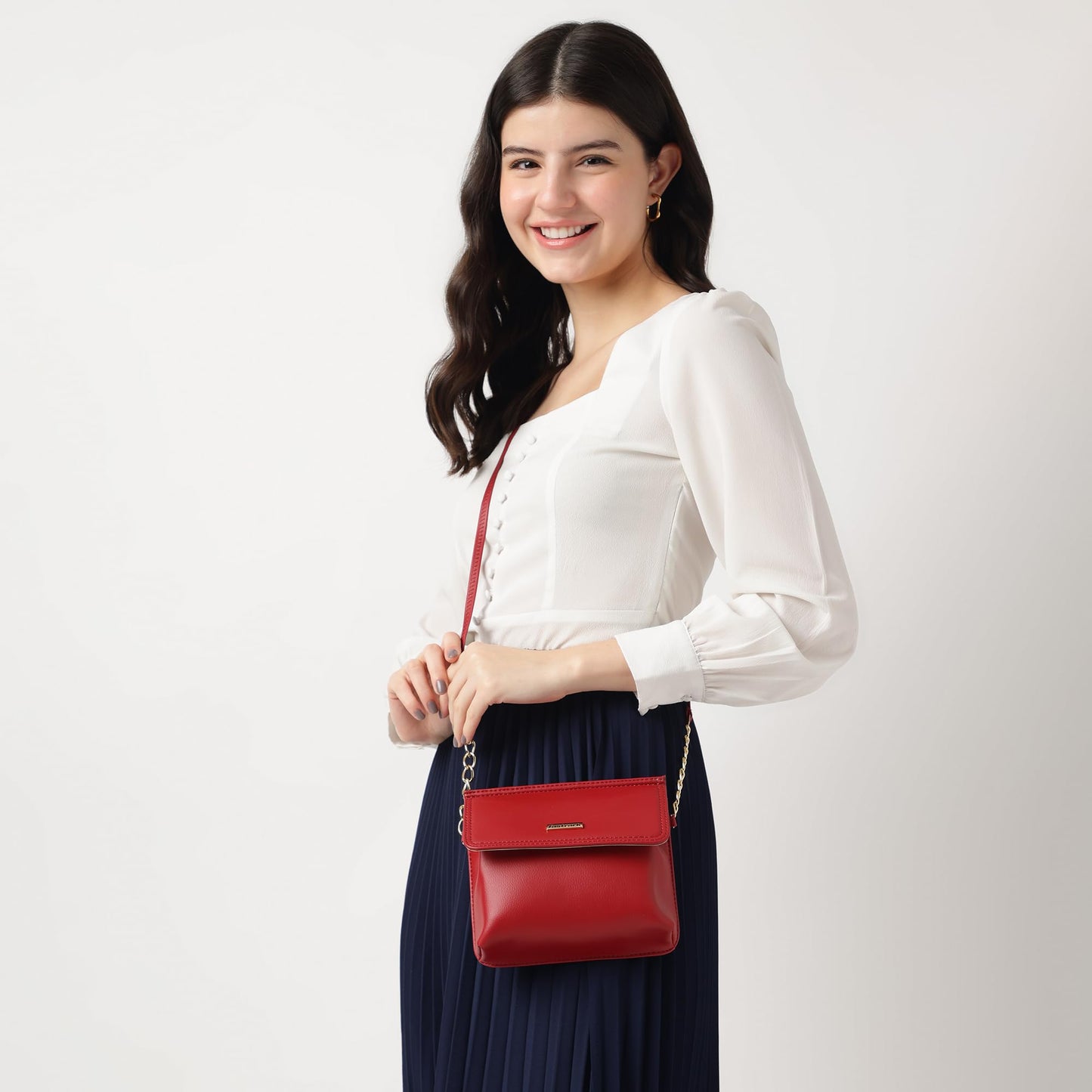 Fastrack Womens Chain Detail Sling Bag In Faux Leather With Flap & Button Lock-Stylish Crossbody With Metal Accents On Strap-Trendy Small Bag,Red