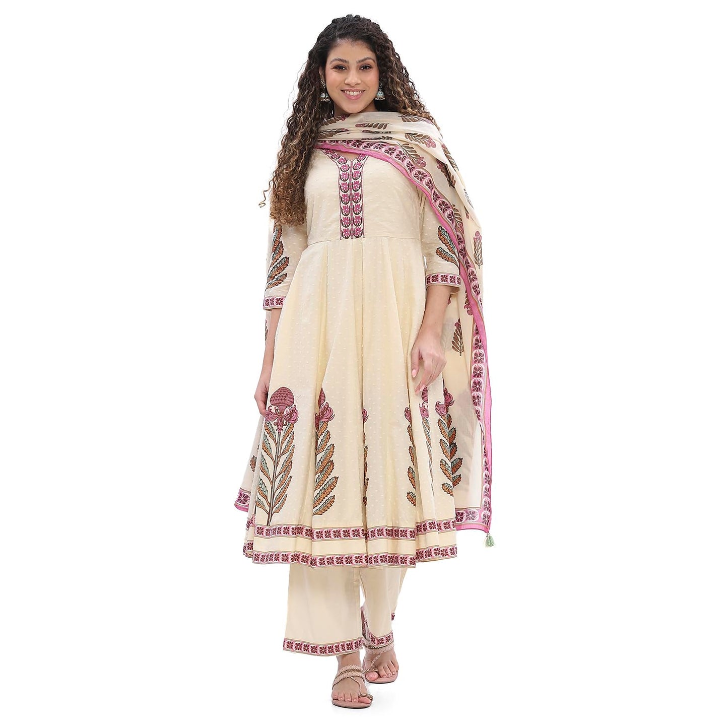 Biba Women Beige Cotton Anarkali Suit Set_38