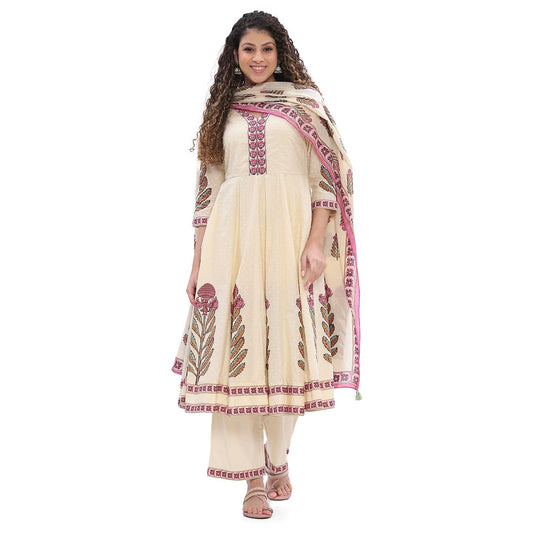 Biba Women Beige Cotton Anarkali Suit Set_38