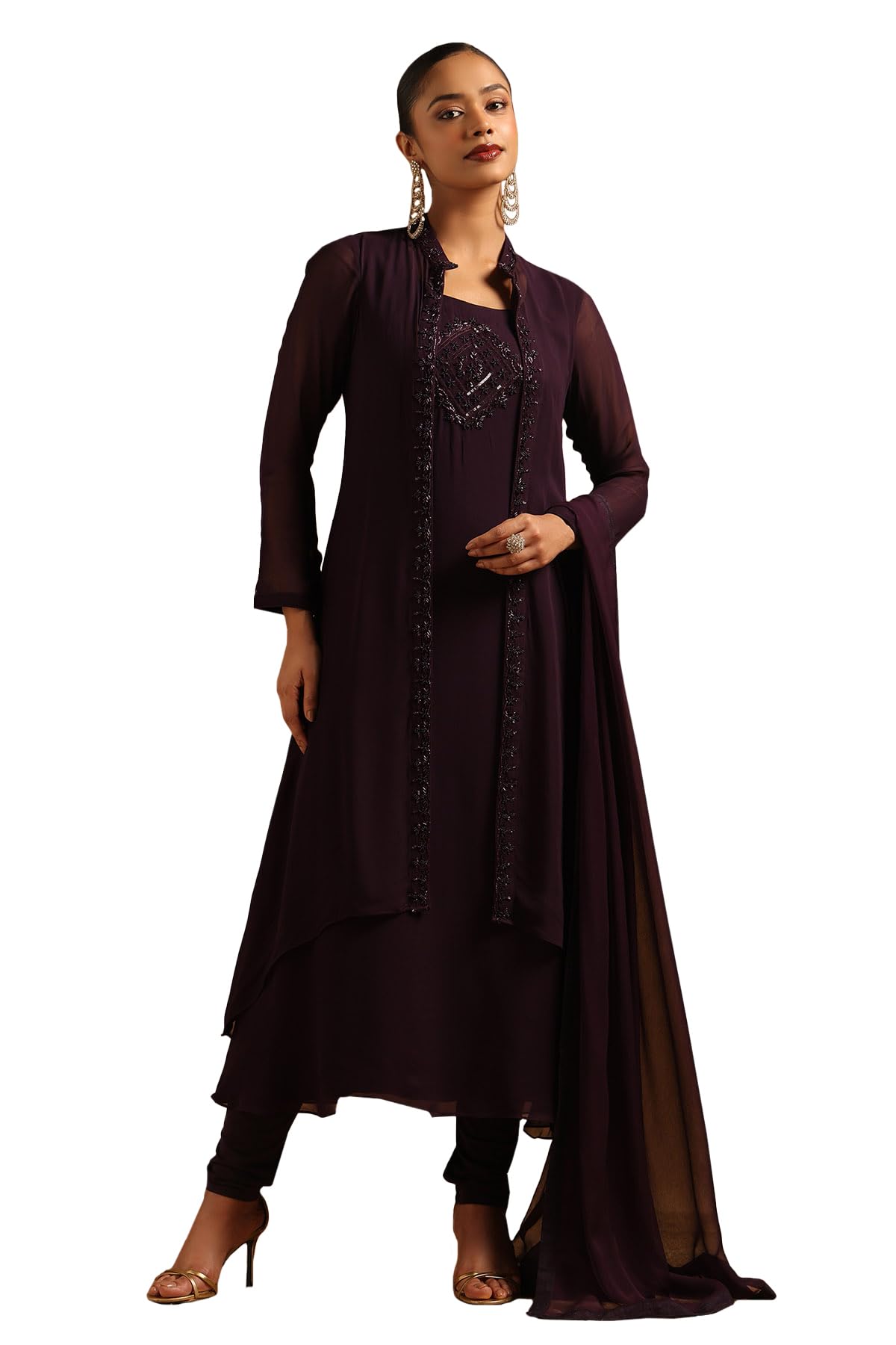 Soch Womens Wine Georgette Solid Salwar Suit With Beads And Stones