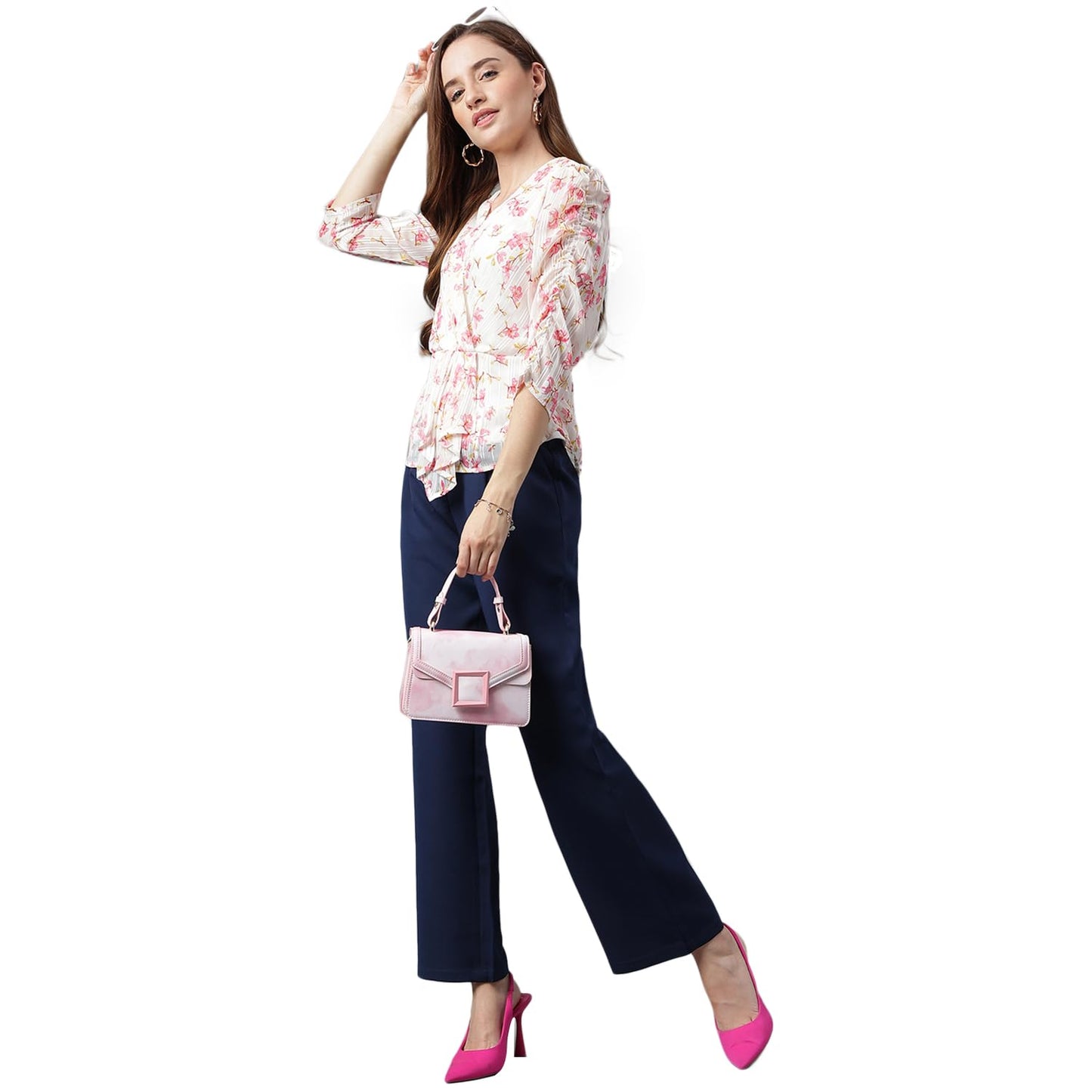 Latin Quarters Casual Puff Sleeves Floral Print Women Pink Top_M