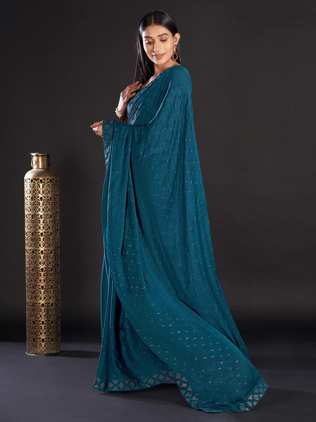AKHILAM Women's Satin Embellished Designer Saree With Unstitched Blouse Piece (GLMP1402_Teal blue)