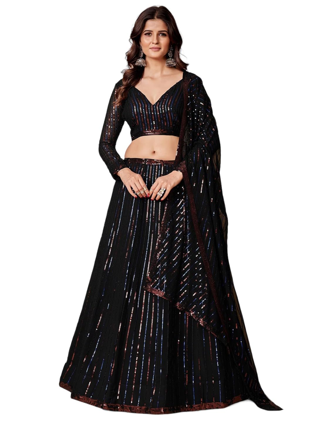 Zeel Clothing Sequins Embroidered Georgette New Semi-Stitched Lehenga Choli For Women (5107-Black-Stylish-Wedding--New; Free Size)