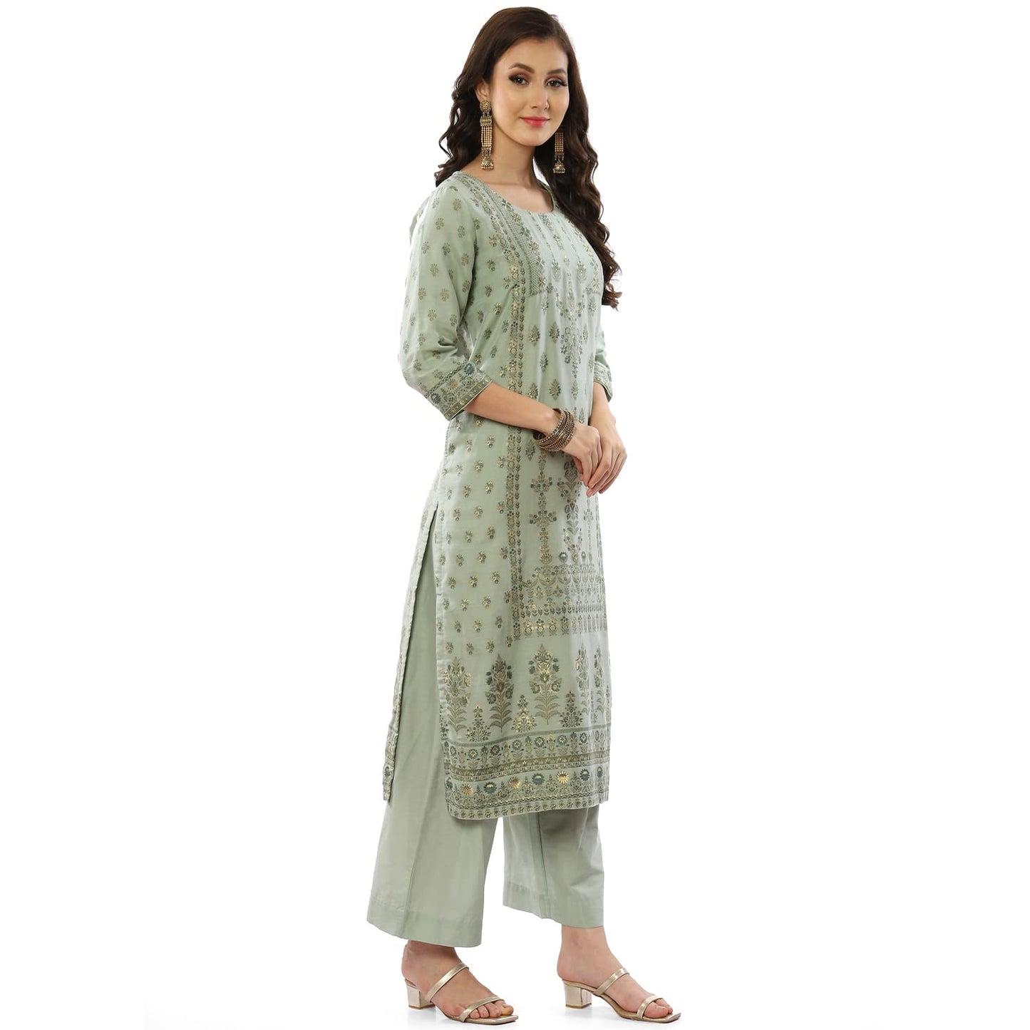 BIBA WOMEN YARNDYED STRAIGHT SALWAR KURTA DUPATTA(SKDASSORTED8385_MINT GREEN_38)