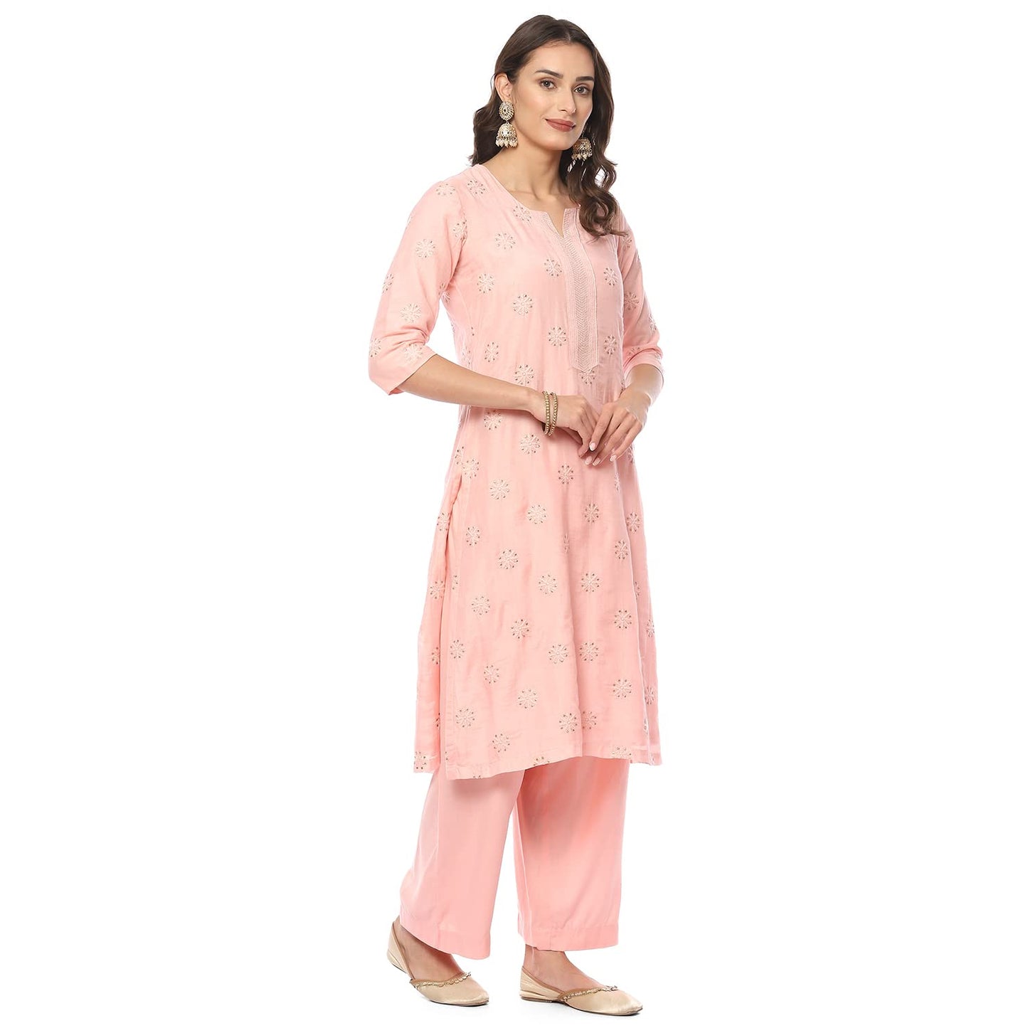 BIBA WOMEN EMBROIDERY STRAIGHT SALWAR KURTA DUPATTA(SKDASSORTED8421_POWDER PINK_34)