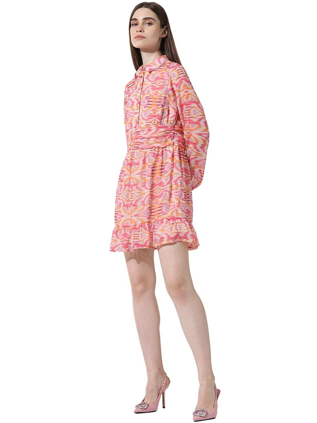 ONLY Women Printed Polyester Above Knee Pink Shirt Dress