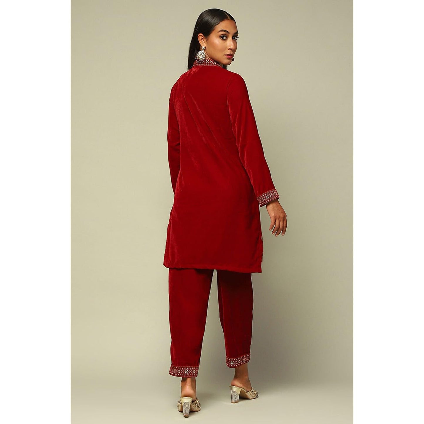 Rangriti Women's Poly Velvet Kurta Set (WNTRWR20383AW24RED_Red