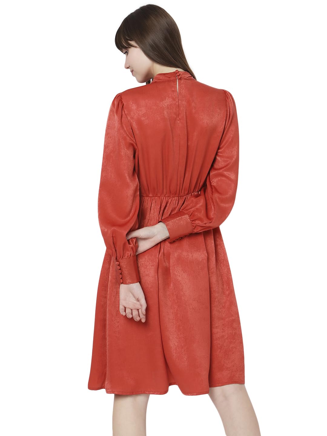 VERO MODA Women's Polyester A-Line Knee-Length Dress (10299553-Burnt Sienna_Burnt M) Orange