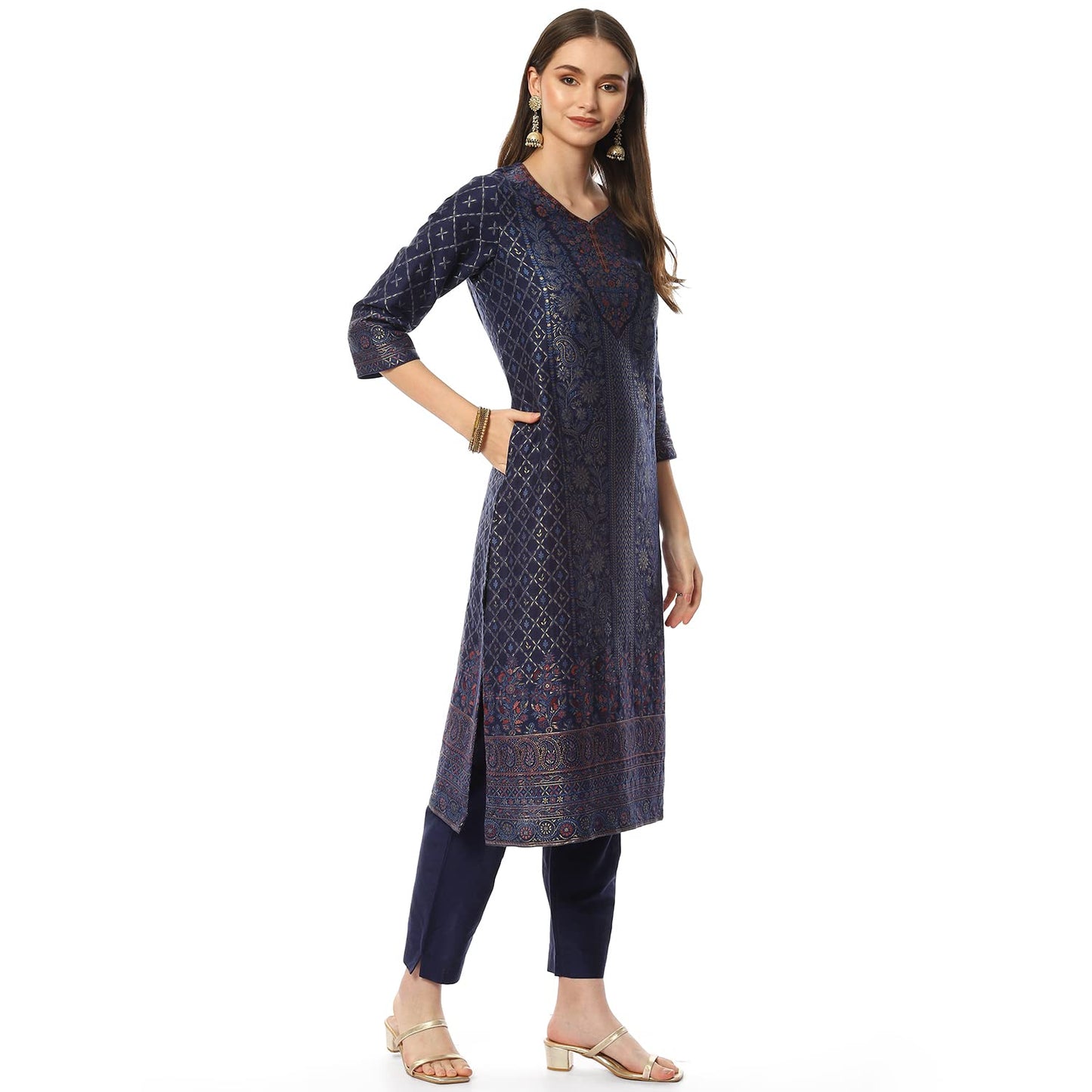BIBA Women Cotton Yarndyed Narrow Salwar Kurta Dupatta(SKDASSORTED8386_INDIGO BLUE_42) 3Xl