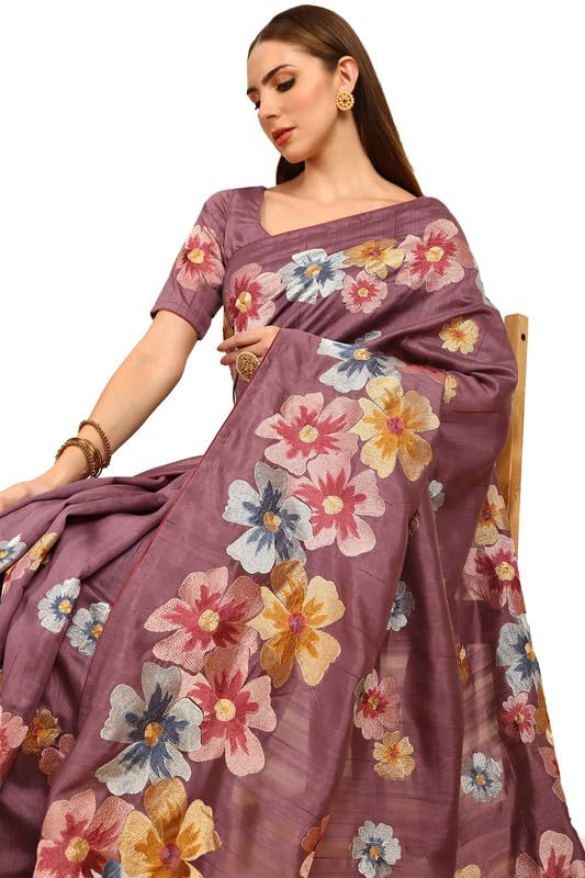 Soch Womens Purple Floral Embroidered Tussar Saree