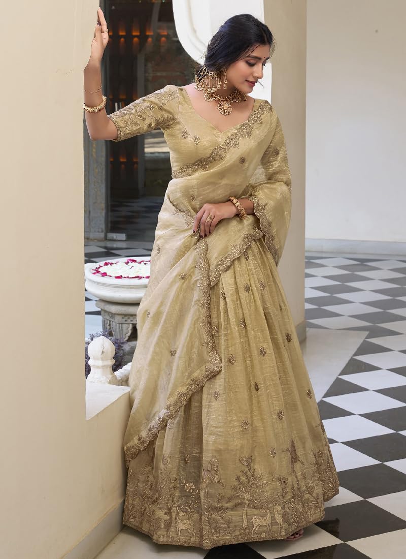 JIHU CULTURE Beige Silk Thread Sequence Embroidery Work Semi-Sttiched Lehenga Choli Set For Women