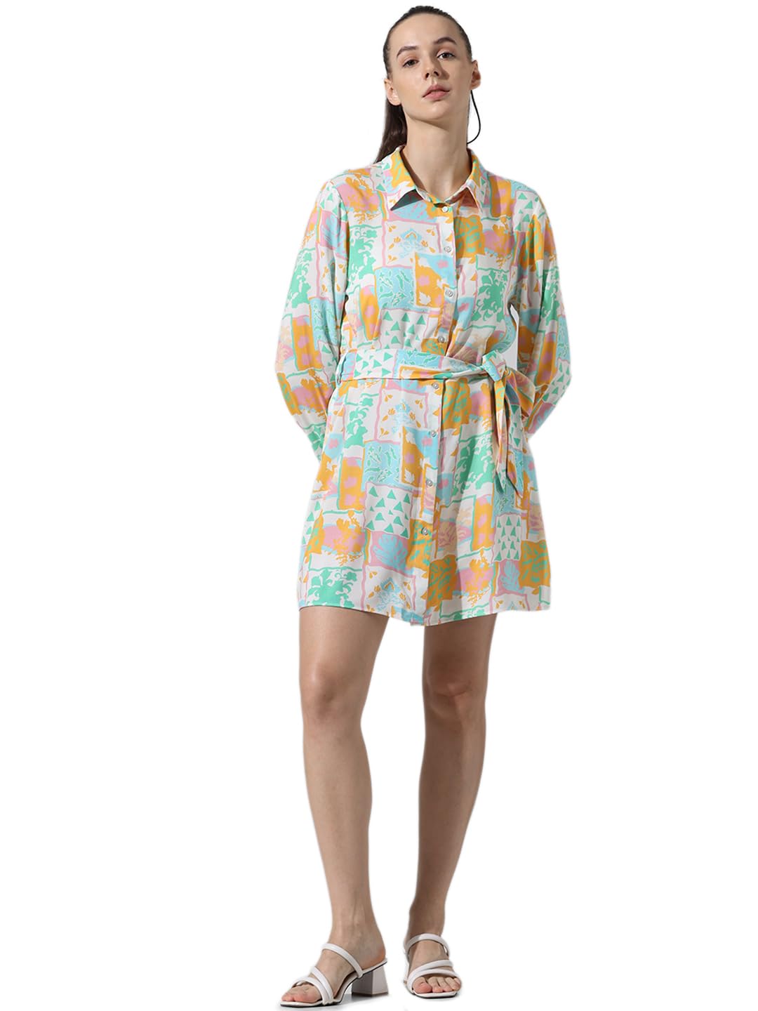 ONLY Women Printed Viscose Above Knee Loose Fit Multicolor Shirt Dress