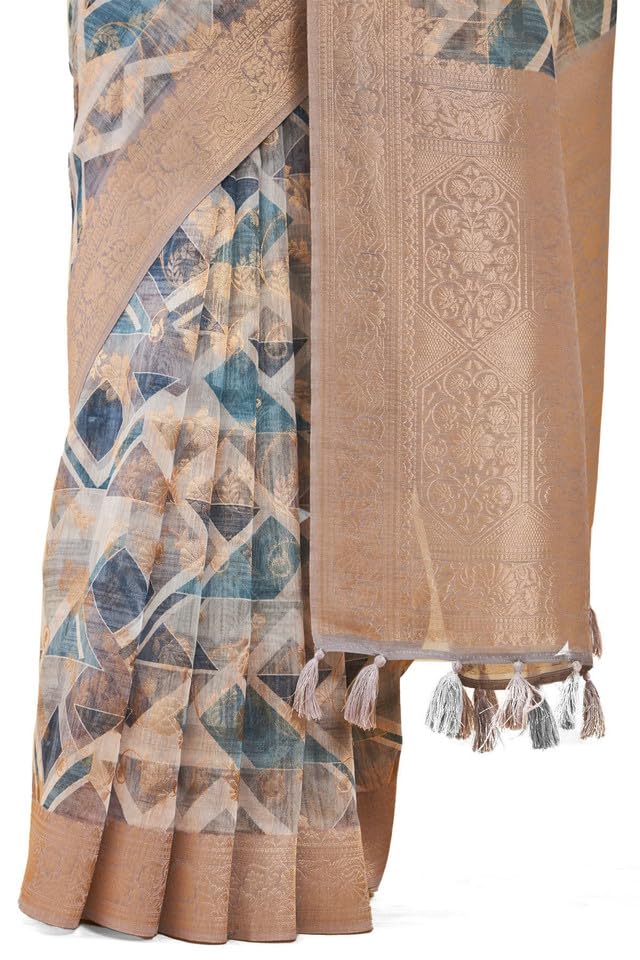 Soch Womens Grey Tussar Silk Saree With Geometric Print And Zari Woven Designs