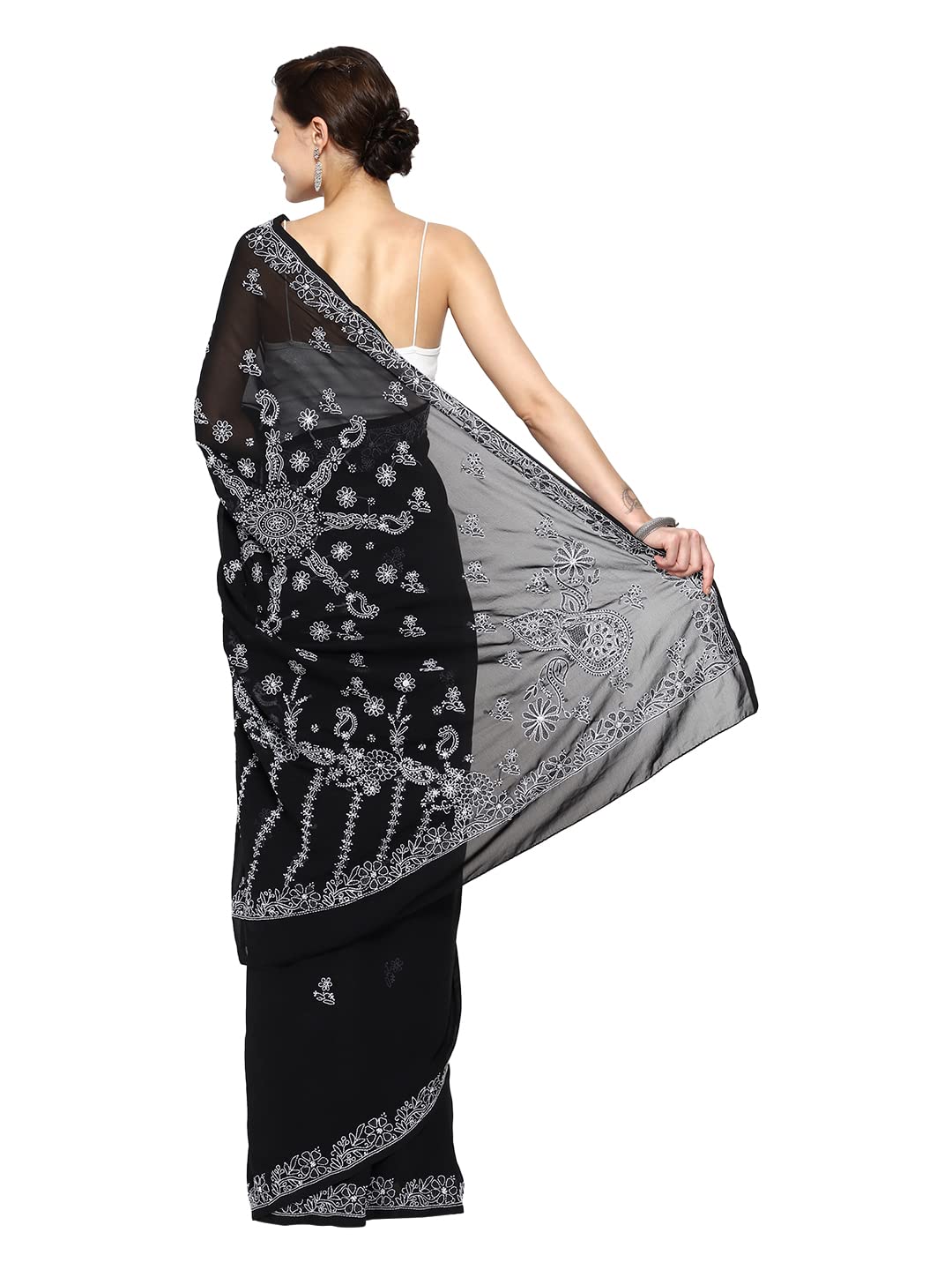 Ada Hand Embroidered Lucknow Chikankari Women's Georgette Saree with Unstitched Blouse Piece A130251 Black