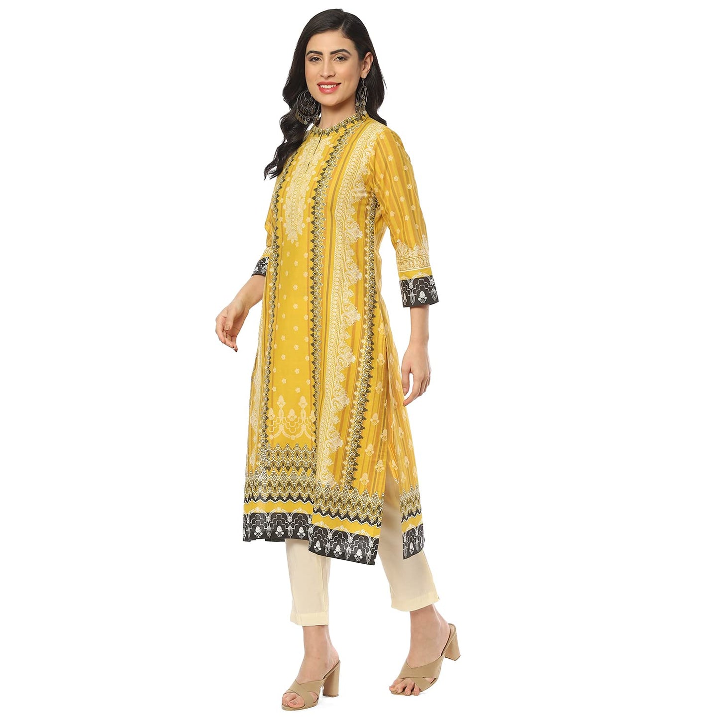BIBA Women's Ochre Cotton Straight Printed Kurta