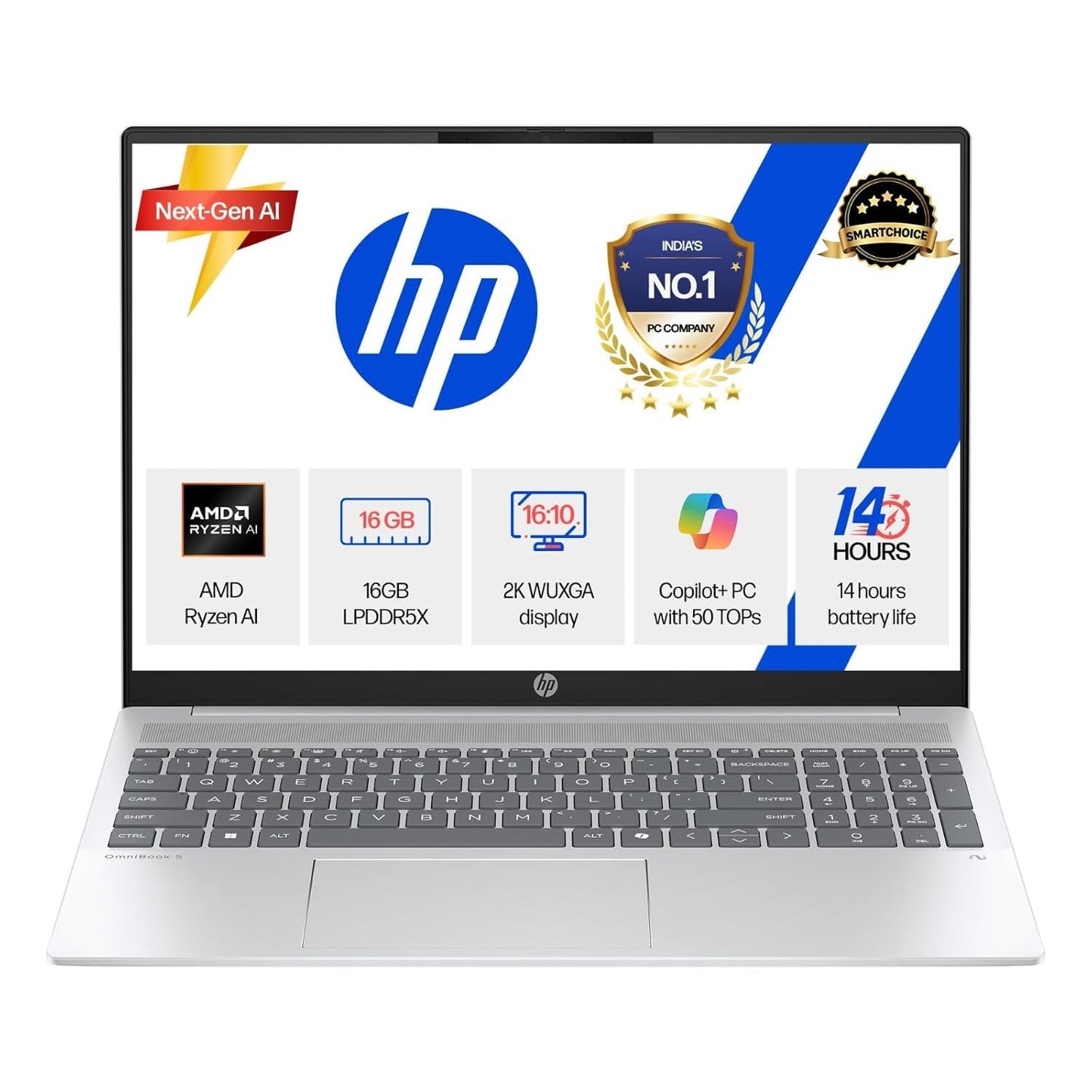 HP OmniBook 5 (Previously Pavilion) 50 Tops, AMD Ryzen AI 7 350 (16GB LPDDR5X, 512GB SSD) WUXGA 2K, Touch, 16''/40.6cm, Win11,Office24, Silver, 1.8kg, ag1048au, Next-Gen AI Copilot+ Laptop