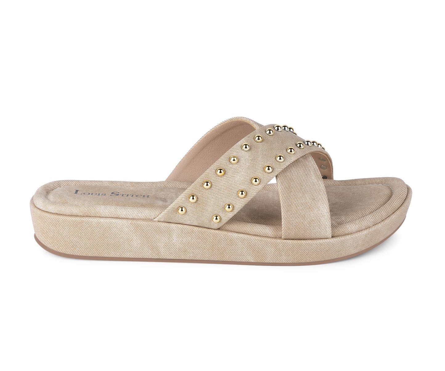 LOUIS STITCH Women's Stylish Beige Flat Sandals with Cross Strap & Beaded Embellishments – Perfect for Office | LSOF-LDSL-BDCSBG