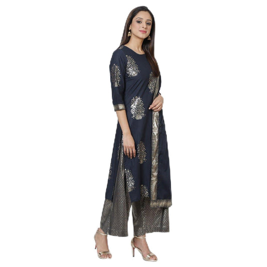 BIBA Cotton Women Printed Relaxed Salwar A-Line Straight Kurta Dupatta(Skdassorted7074E_Navy Blue_XL)