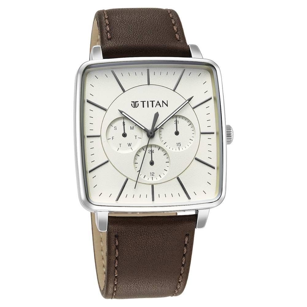 Titan Avant Garde Quartz Multifunction Beige Dial Brown Leather Strap Watch for Men - NT90147SL01