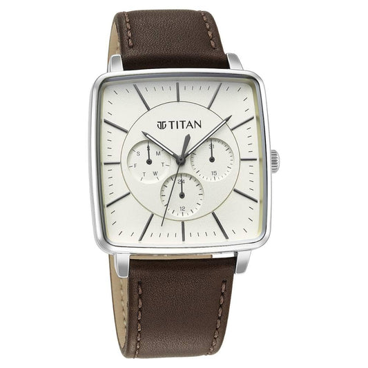 Titan Avant Garde Quartz Multifunction Beige Dial Brown Leather Strap Watch for Men - NT90147SL01