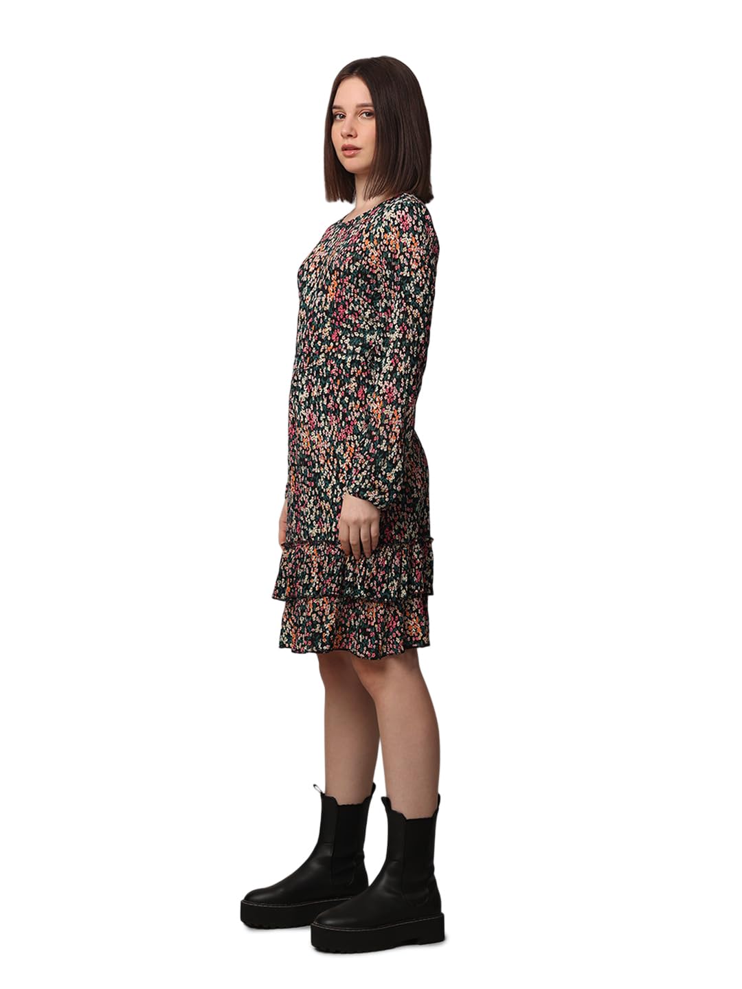 ONLY Women Floral Fit and Flare Casual Black Layered Dress