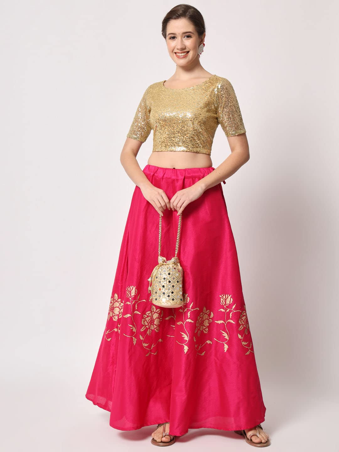 studio rasa Polyester Women's Net Sequin Embroidered Sheer Sleeves Blouse for Wedding Festive Party (Tpwc12302S_Bl_Gold_Small)