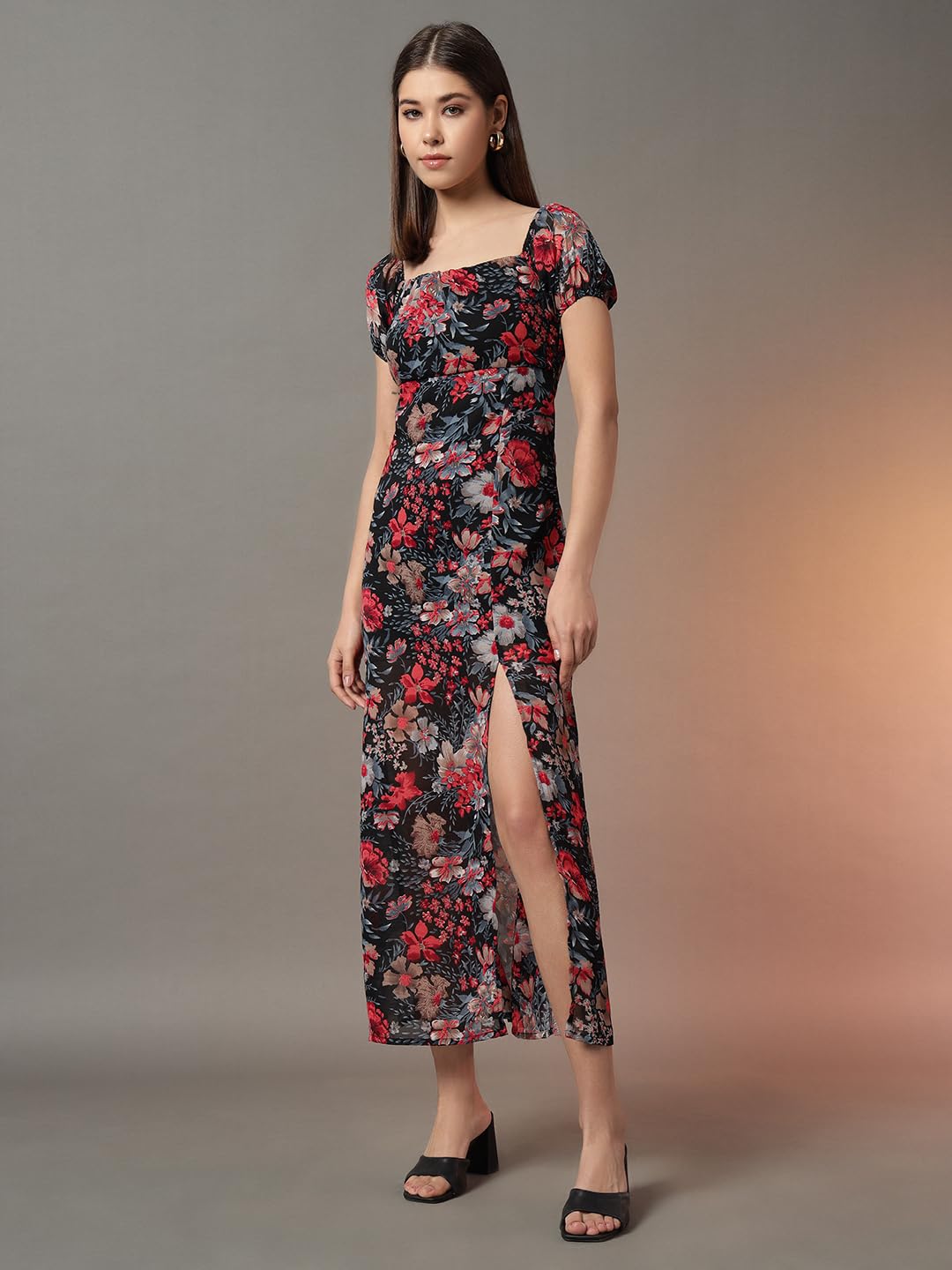 Trend Arrest.ed Floral Printed Maxi Dress for Women with Lining | Square Neck Puff Sleeve Slit Style | Casual Western Long Dress for Day