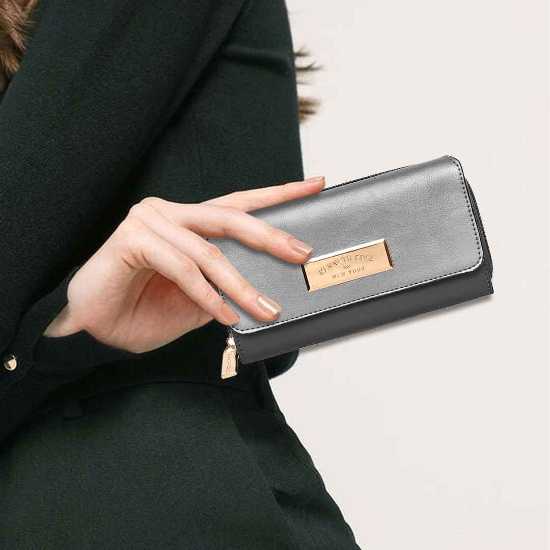 KENNETH COLE Ladies Front Flap Wallet | Women's Tri-fold Clutch Organizer with a Wide 3-Quarter Opening Zip-Around Compartment | Premium PU Leather | Sturdy, Stylish & Secure, GUN METAL