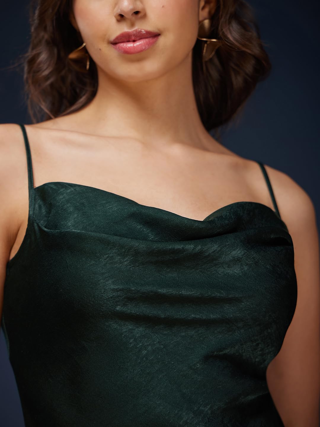 FableStreet Women Satin Cowl Neck Slip Dress - Olive (FSDR1105BTGR-L), Knee-Length, Sheath