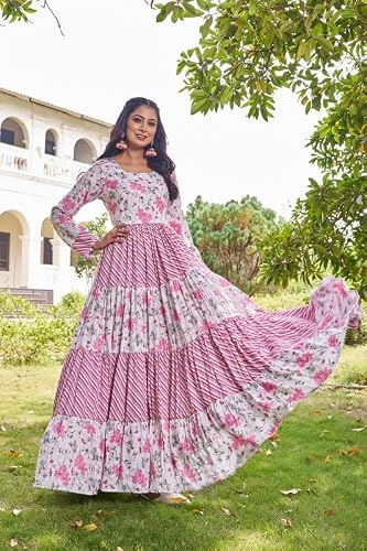 Samprag Women’s Poly Viscose Rayon Gown | Pink Printed Fit & Flare Full-Length Ethnic Dress | Long Sleeve Round Neck Wedding (M)