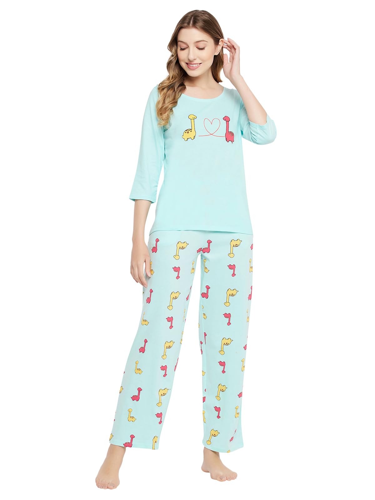 Clovia Night Suits for Women, Night Dresses for Women, Pyjama Set for Women, Women Night Suit Set, Night Wear for Women, Lounge Wear Set for Women - Top & Pyjama Set (Light Blue - Graphic, S)