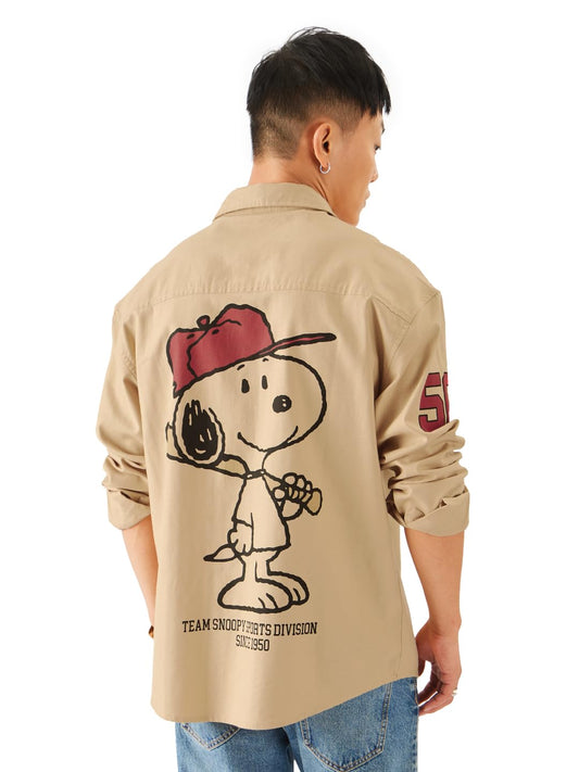 The Souled Store Official Peanuts: Big 50 Men and Boys Long Sleeve Collared Neck Button Down Brown Graphic Printed Regular Fit Cotton Utility Shirts