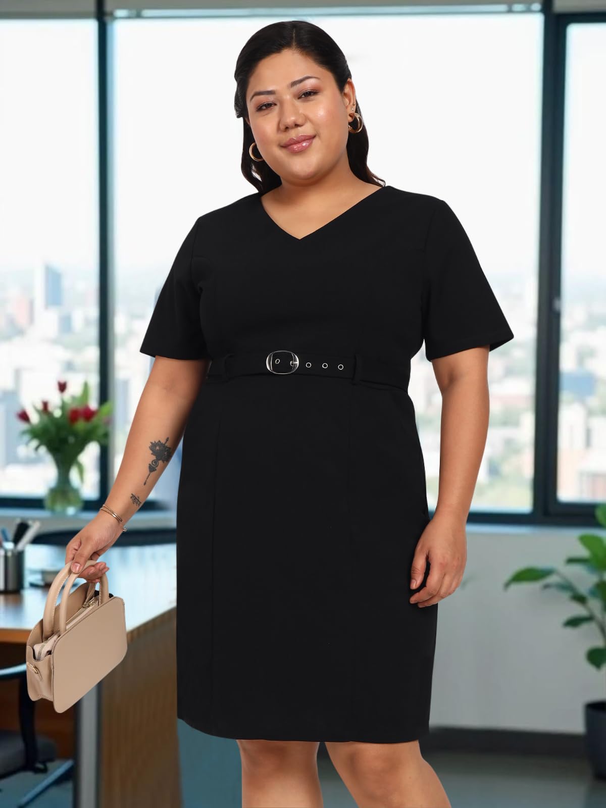 wild U Women Plus Size Western Dress | Stretchable | Pocket | Stylish | with Belt | Formal Office Wear (Black, Size : 6XL)