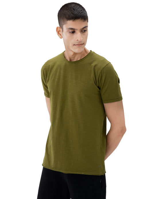 DAMENSCH Men’s Slim Fit Cotton-Elastane Blend Half Sleeve Casual T-Shirt | Round Neck T-Shirt Olive Green