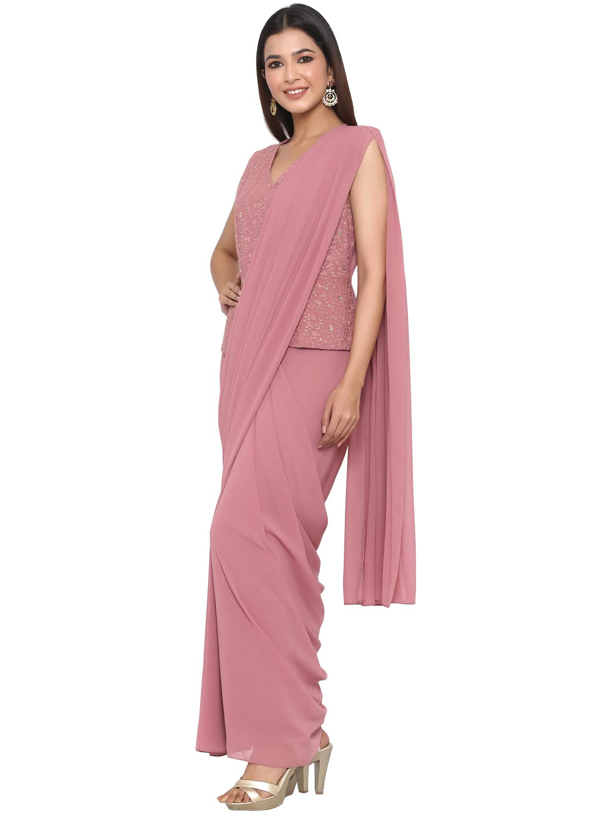 Juniper Women's Georgette Saree Style Dress (Rosegold, X-Small)