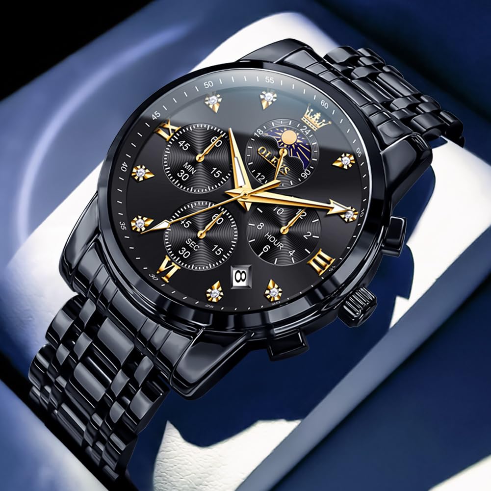 OLEVS Watch for Men Diamond Business Dress Analog Quartz Stainless Steel Waterproof Luminous Date Two Tone Luxury Casual Wrist Watch, black watches 3655, men watch