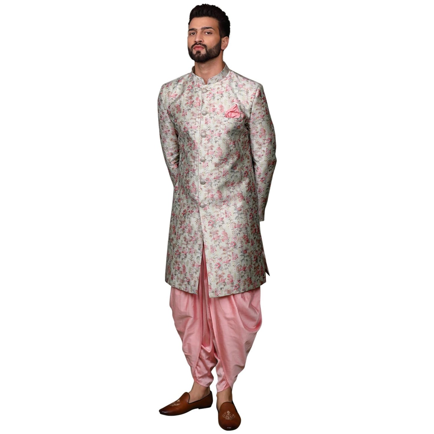KISAH Men's Ethnic Wear Silk Blend Woven Design Regular Fit Multi-Pink Indo-Western Sherwani Set Indo-Western|42