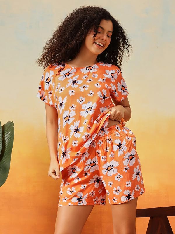Clovia Women's Floral Printed Rayon Night Suit | Top and Shorts Sleepwear Set with Pocket | Nightwear Co-ord Set (LS0533D16_Orange_M)