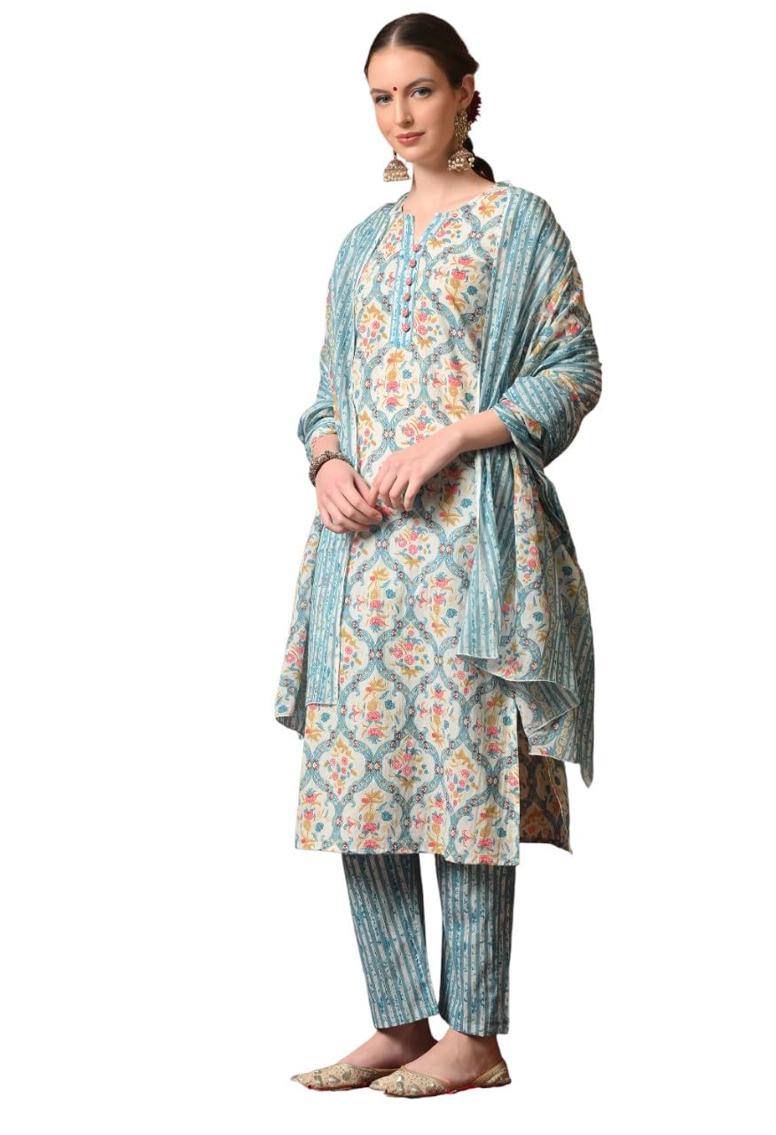 KEOSA Women Floral Printed Regular Pure Cotton Kurta with Trousers & with Dupatta Blue