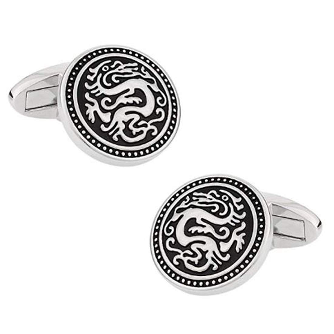 Peora Executive Silver Tone Black Enamel Game of Thrones Targaryen Intricate Dragon Round Classic Cufflinks for Men Business Corporate Wedding Gift