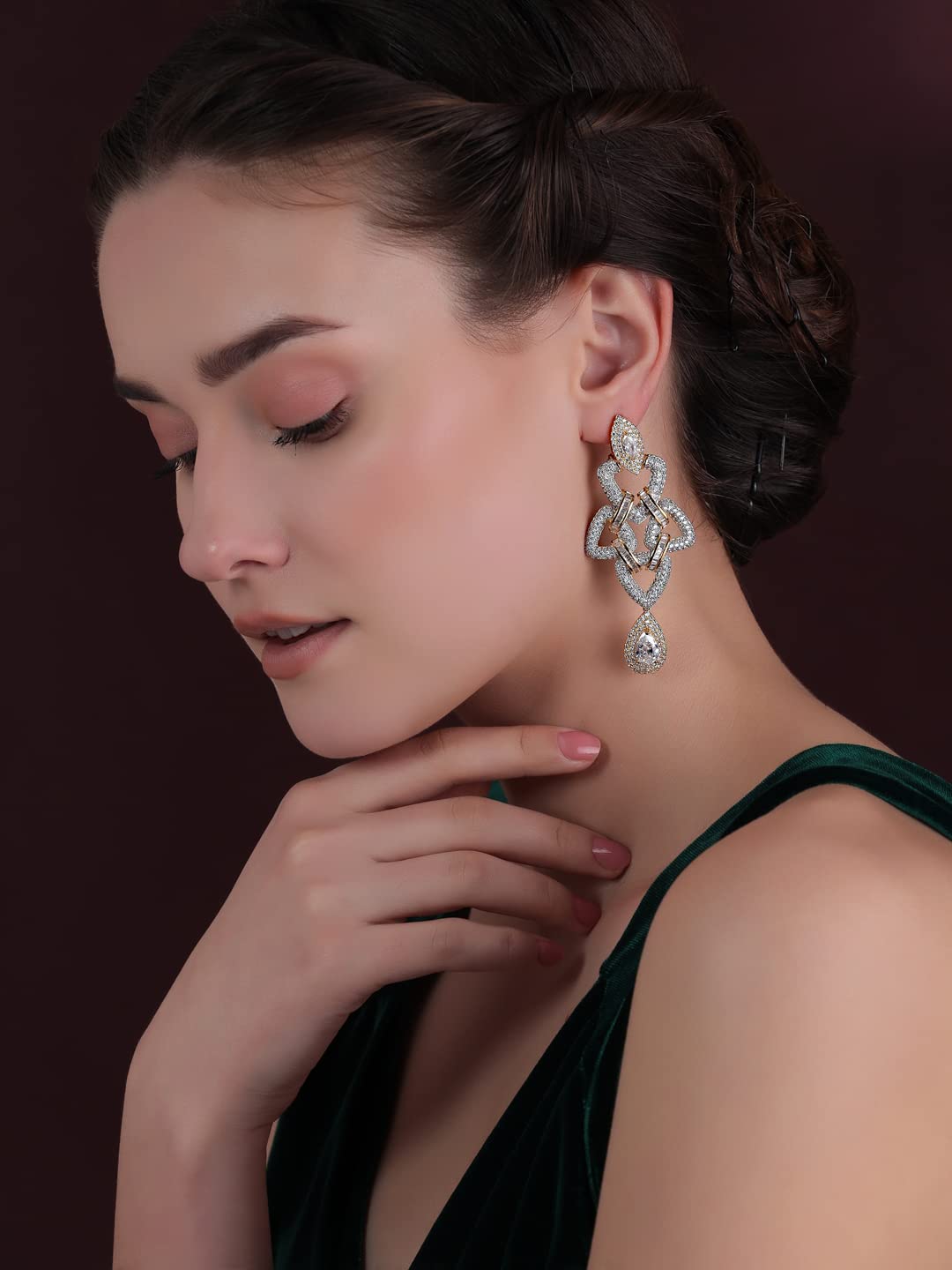 Shaze Gold Rhodium-Plated Cubic Zirconia Bending Trinagle Drop Earrings for Women