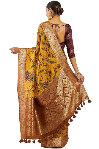 Soch Womens Mustard Crepe Saree With Floral Kalamkari Print And Zari Borders