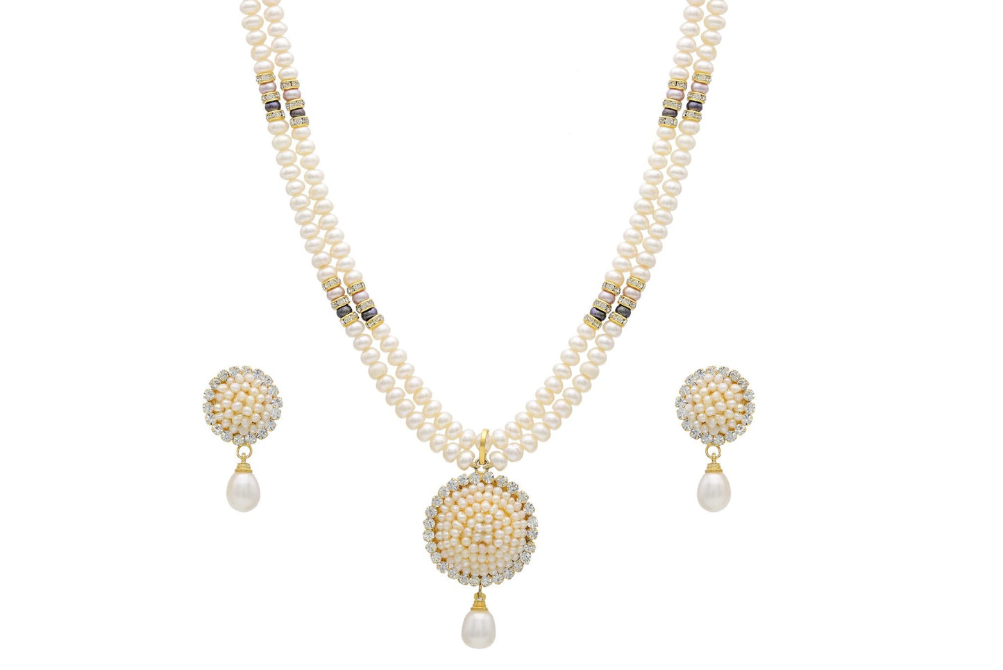 HYDERABAD JEWELS Natural Fresh Water Double Sting Pearls Set for Women