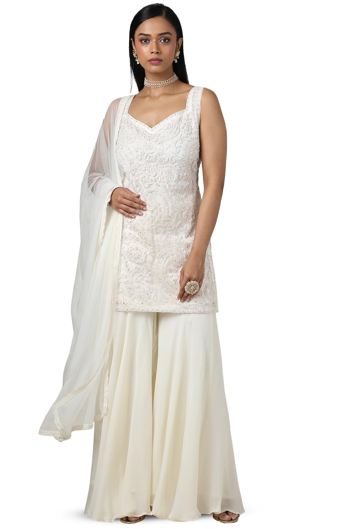 Soch Women's Net Salwar Suit Set (OWS5CD21481A_Off White