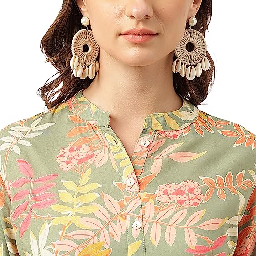 Divena Green Floral Digital Printed Straight Fold Sleeve Kurta