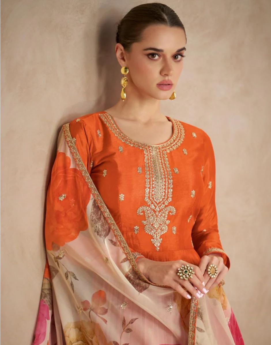 Shampysky Women’s Orange Chinon Embroidered A-Line Gown with Organza Dupatta | Fully Stitched | Full Sleeves (SSW-1307-Orange-4XL)