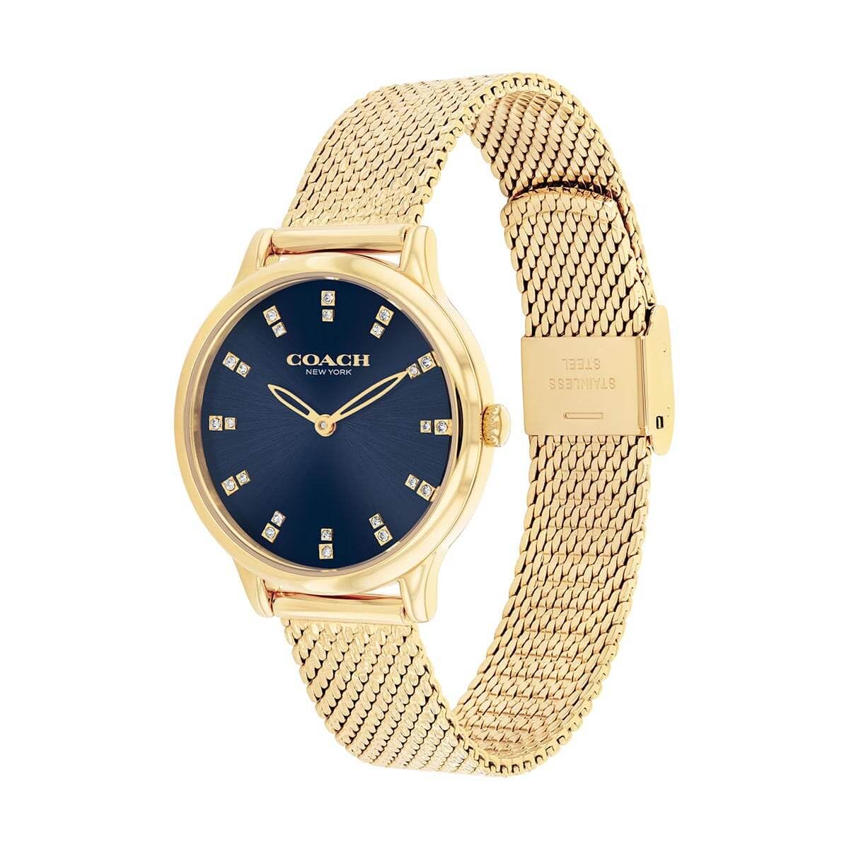 Coach Chelsea Qtz Basic Slim Navy Round Dial Women's Watch|Ionic Plated Thin Gold Steel Material|Gold Color Band - 14504218