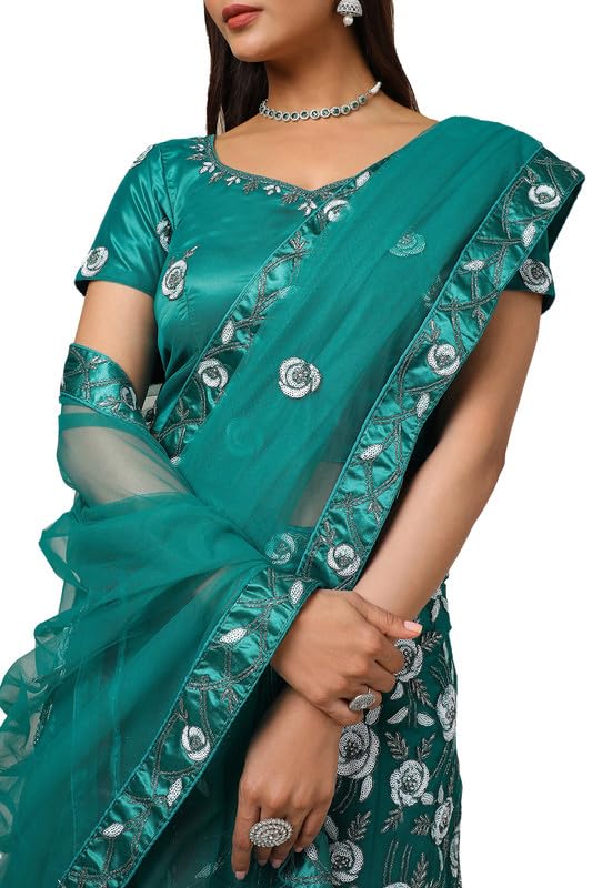 Soch Womens Teal Net Embellished Unstitch Ghagra Choli With Sequins