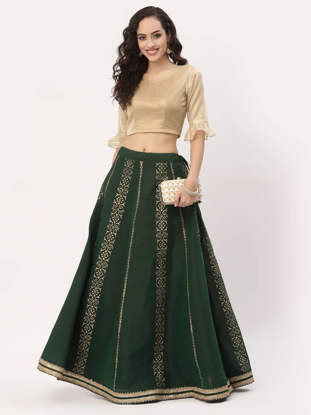 studio rasa Women's Silk Tissue Sheer Sleeves Readymade Saree Blouse for Wedding Festive Party (TPWC42267BL_L_Gold_Large)